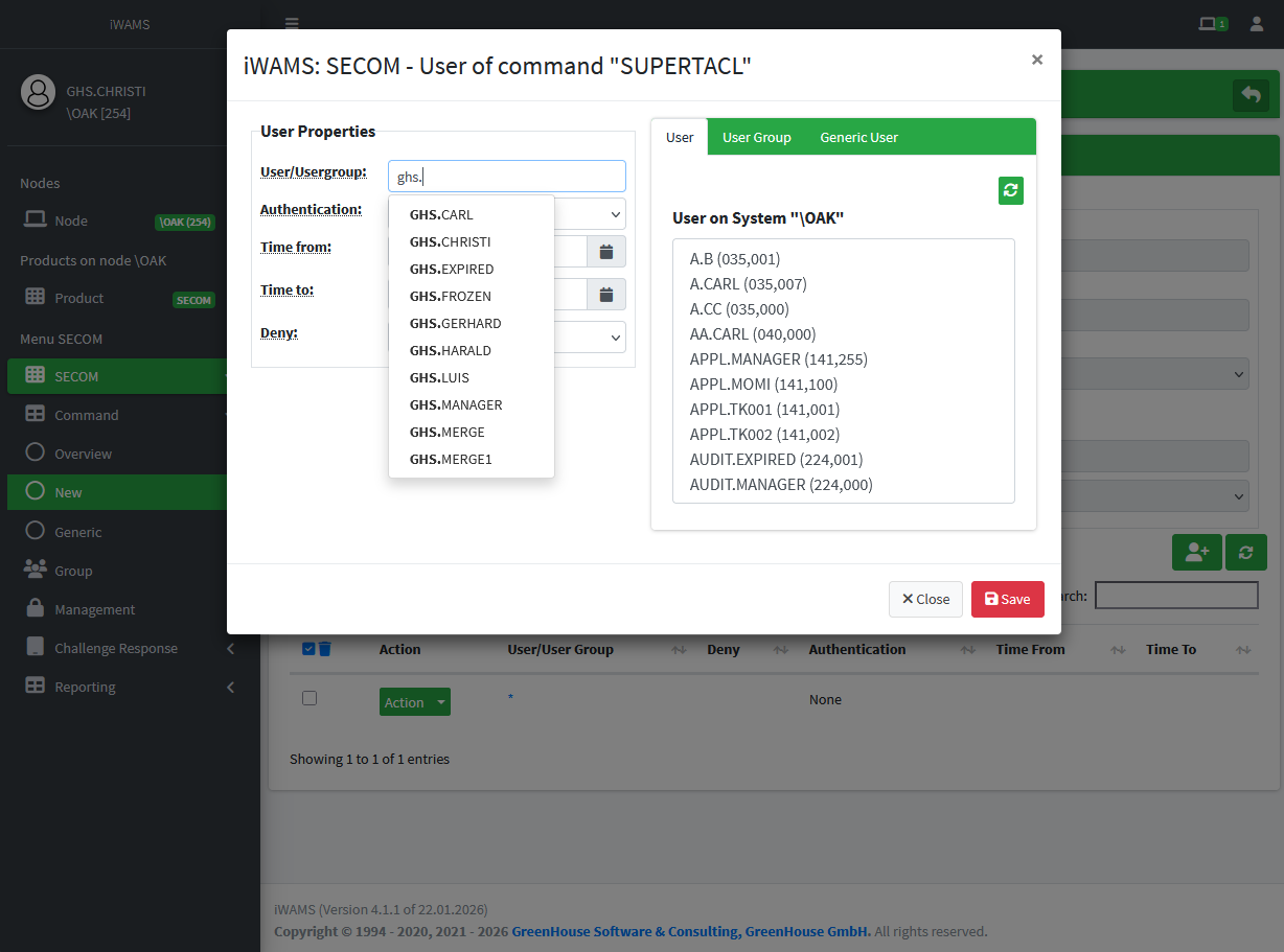 iWAMS — SECOM command user assignment